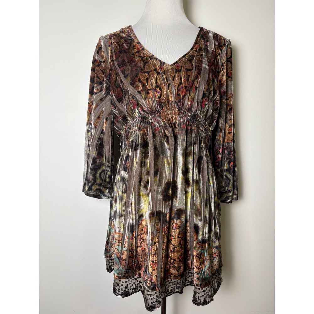 One World Womens Tunic Top Size L Boho Burnout Velvet Earthy Forest Fairy Grunge